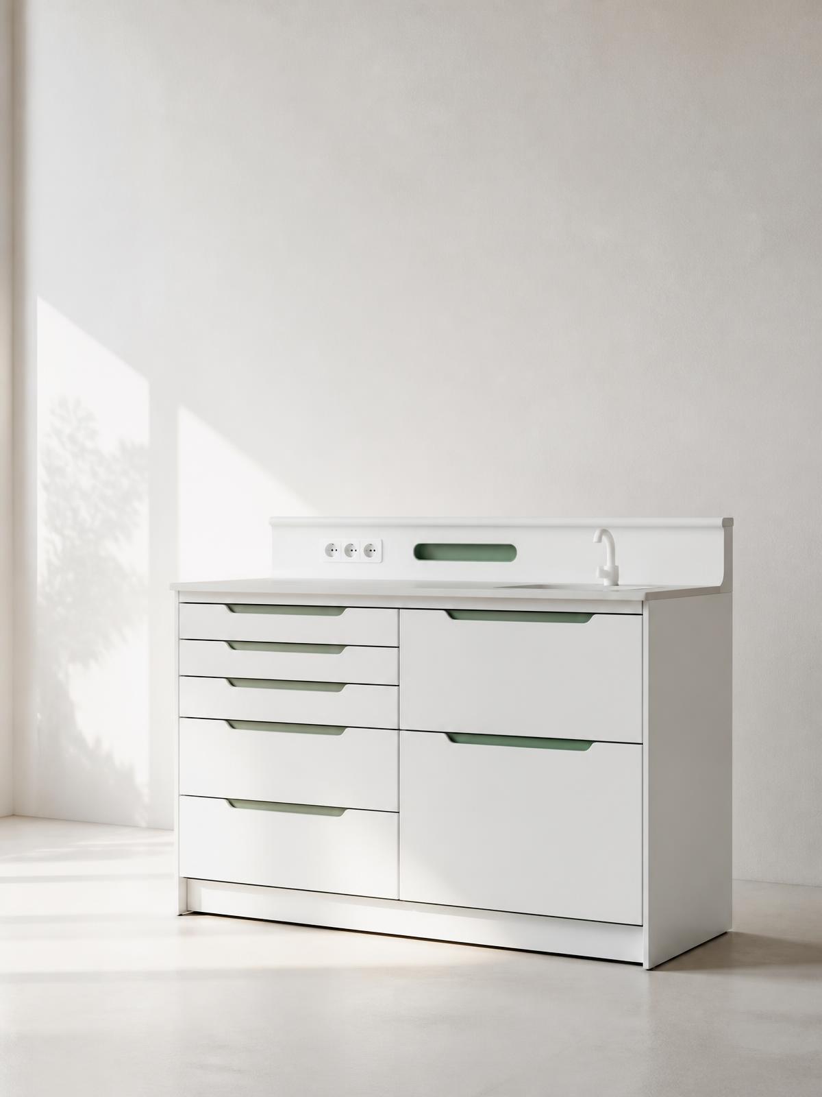 Mobile da studio dentistico Aries Medical, design minimale bianco